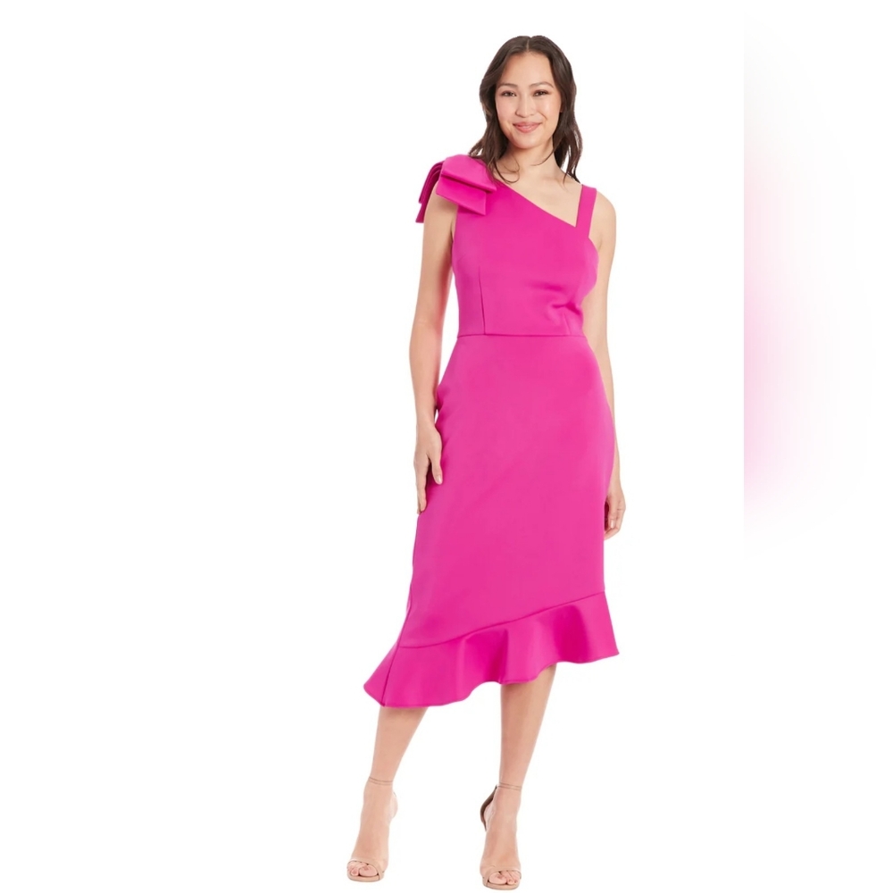 London Times Pink Bow Ruffle Asymmetrical Scuba Dress Size 8